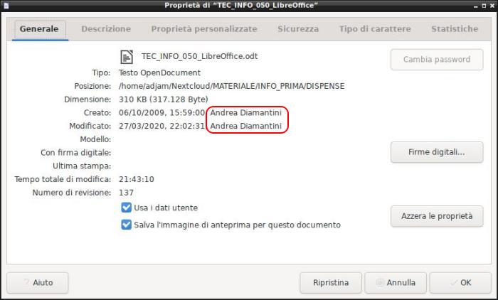 finestra delle proprietà