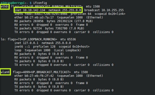 output comando ifconfig RPI